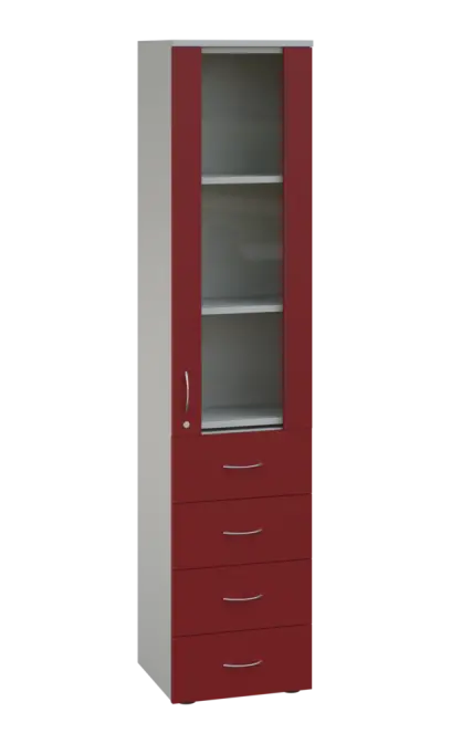 LE - 44 skříň léková prosklená, pravá, korpus šedý, dvířka burgundská